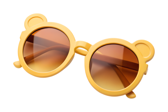 Bright yellow round novelty sunglasses with distinct bear ears are perfect for sunny days, isolated on a transparent PNG background.