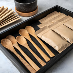 Wooden Spoons and Spice Packs in a Black Tray