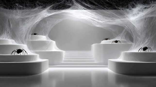 Halloween spiders and webs in a surreal, dark, and mysterious cave environment - Powered by Adobe