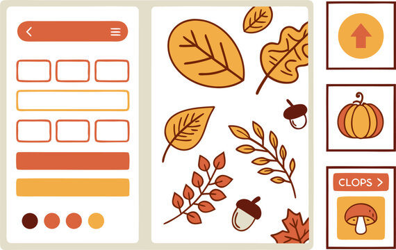 Autumnal themed app interface design featuring leaves acorns pumpkin and mushroom icons in warm color palette
