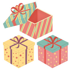 Three Gift Boxes with Different Patterns, Ready to Open
