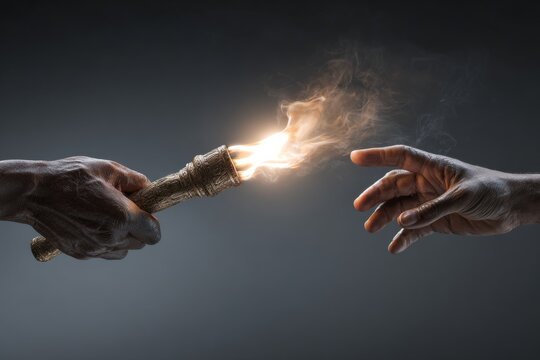 A symbolic torch is passed between hands, representing legacy, leadership, and shared responsibility.