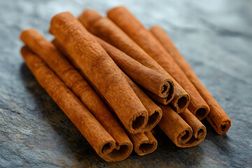 Close-Up of Fresh Aromatic Cinnamon Sticks Resting on a Rustic Textured Background Surface
