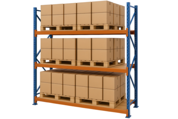 Industrial Warehouse Shelving System Loaded with Cardboard Boxes on Wooden Pallets, Ready for Distribution and Storage
