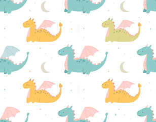 Seamless pattern with funny cartoon animals including a dragon, dinosaur, and giraffe