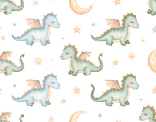 Seamless pattern with funny cartoon animals including a dragon, dinosaur, and giraffe