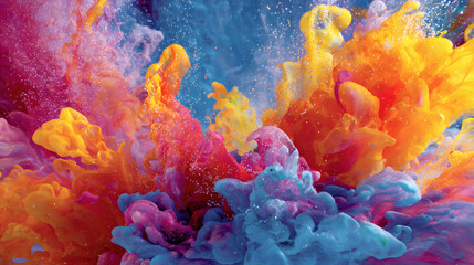 Macro abstract background of colorful paint in water with vibrant fluid shapes and splash