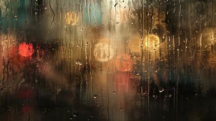 Rainy window view with blurred city lights creating a moody and atmospheric urban scene at night time