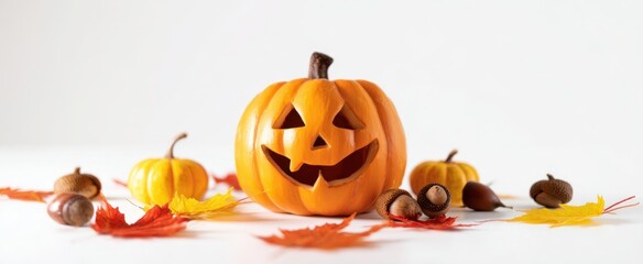The cheerful Halloween pumpkin surrounded by colorful autumn leaves and acorns.