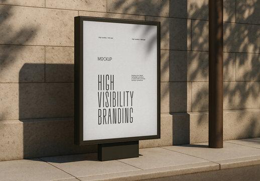 Poster Mockup Template &ndash; Vertical Outdoor Billboard on Urban Stone Wall with Afternoon Shadows