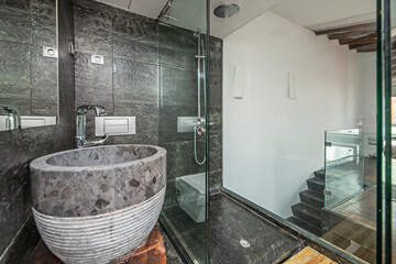 Modern bathroom with a double porcelain sink, matte black faucets, and a glass shower enclosure...