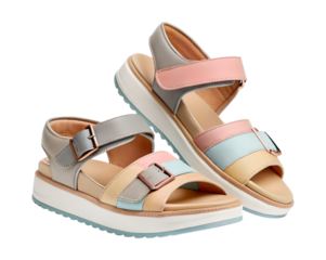 An isolated transparent PNG image shows a colorful pair of modern platform sandals with pink, blue, beige, and gray blocks on thick white soles.