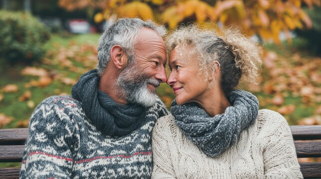 Loving senior couple in cozy sweaters embracing on park bench during autumn, looking into each other eyes with smiles,