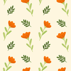 Seamless Floral Pattern with Orange color - Hand-Drawn Botanical Design