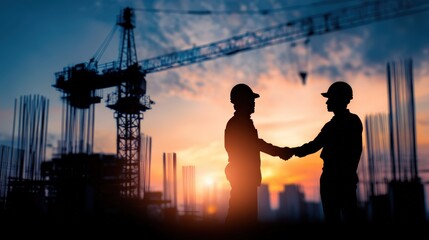 Low-angle view: handshake between worker and supervisor against backdrop of towering crane and glowing sky, cinematic depth,
