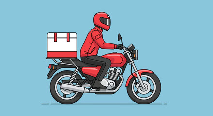 A delivery motorcycle rider in red uniform carrying a white box.