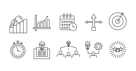 Mentoring and training  icon set collection style outline. Contain struggle, growth, learning, excellence, goal, direction