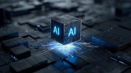 3D Cube with Glowing AI Letters Suspended Over Circuit Grid &ndash; Futuristic Tech-Inspired Digital Render