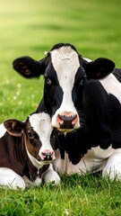 Adorable Holstein Calf Resting Comfortably Beside its Mother Cow in a Lush Green Pasture, Portraying Maternal Bond and Farm Animal Life.
