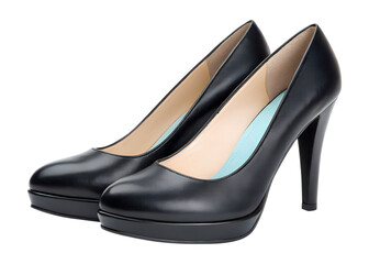 A pair of classic black high heel women's shoes featuring thick platform soles is cleanly isolated on a transparent PNG background.