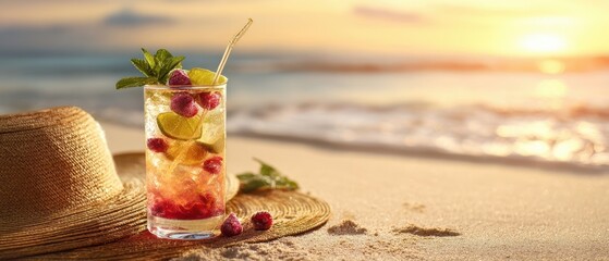 The refreshing cocktail beside a sunhat on a beautiful beach at sunset.
