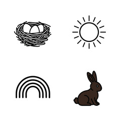 Obraz premium Collection of Easter-themed icons, including Nest (with eggs inside), Sun (symbol of spring warmth), Rainbow (spring weather), Chocolate bunny (classic Easter candy)
