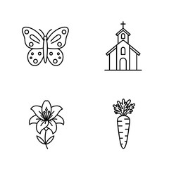 Obraz premium Collection of Easter-themed icons, including Butterfly (symbol of rebirth), Church (with a cross on top), Easter lily (classic Easter flower), Carrot (bunny’s favorite food)