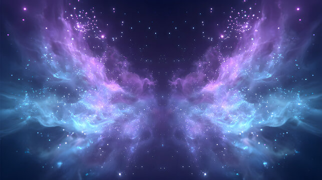 Abstract energetic background with neon mist and glowing particles in high contrast symmetry