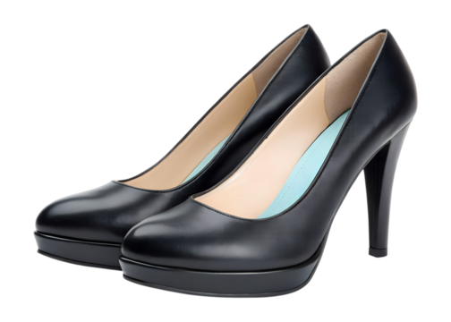 A pair of classic black high heel women's shoes featuring thick platform soles is cleanly isolated on a transparent PNG background.