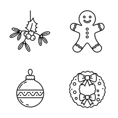 Fototapeta premium Collection of Christmas-themed icons, including Mistletoe, Gingerbread man, Christmas ornament, Wreath 