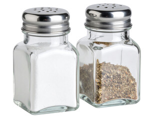 A - Angled View of Glass Salt and Pepper Shakers with Silver Tops and Textured Glass, Isolated on Transparent Background