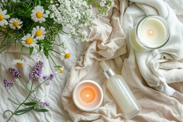 A serene spa setting designed for ultimate relaxation and rejuvenation. Soft candlelight flickers gently over smooth stones, fresh flowers, and aromatic oils