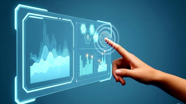 Human Hand Interacting with a Futuristic Transparent Touchscreen Display Showing Dynamic Business Charts and Hexagonal Data Icons, Symbolizing Advanced Technology and Future Analytics. - Powered by Adobe