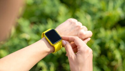 Person adjusts a yellow smartwatch outdoors