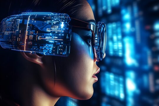 Close-up of a person's eyes wearing augmented reality glasses, exploring a virtual crypto landscape