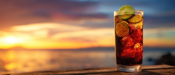 The refreshing cocktail with lime served at sunset by the ocean.