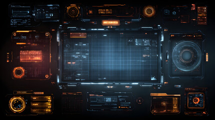 Cybernetic hud interface with glowing ui elements and grid overlays on a dark screen