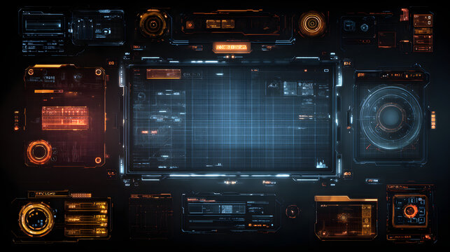 Cybernetic hud interface with glowing ui elements and grid overlays on a dark screen