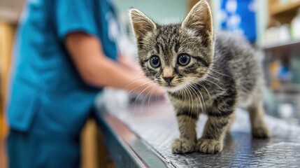 medium shot of the kitten standing on the exam table while the vet carefully checks its paws, authentic and heartwarming
