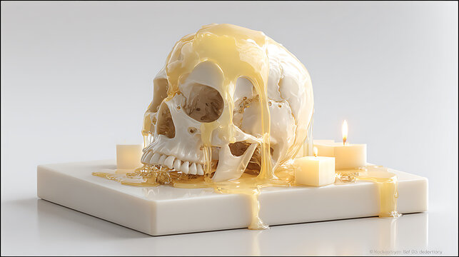 Halloween skull covered in melting golden wax with candles - Powered by Adobe
