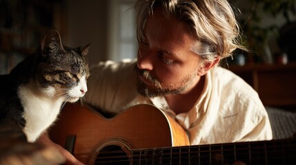 medium shot of the man looking down at his guitar while playing, the cat glancing up at him, soft natural light, authentic and emotional