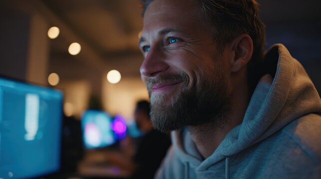 medium shot of the man smiling slightly as a vibrant AI-generated image appears on his screen, authentic and inspiring, cinematic