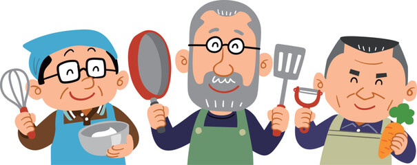 楽しそうに調理道具を持つ3人のシニア男性の上半身