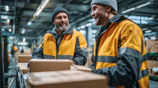 medium shot of two workers handing boxes to each other in a chain, smiling slightly as they work, authentic teamwork, warm industrial light