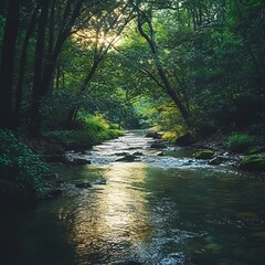 Fototapeta premium Beautiful waterfall in forest framed by sunlight and greenery high resolution picture