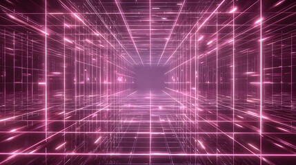Obraz premium Futuristic glowing data grid with neon nodes in a minimalist top-down cyberspace view