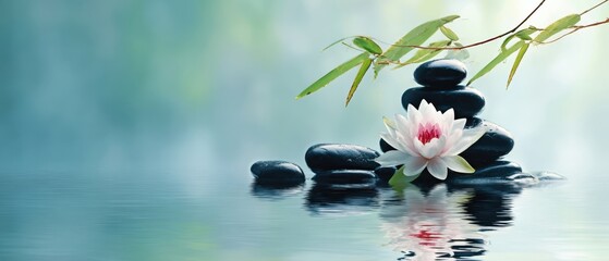The serene lotus flower resting atop smooth stones in tranquil water