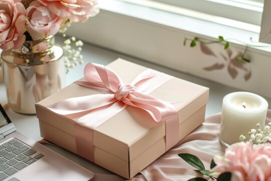 Luxury gift box tied with satin ribbon, open laptop showing premium store in soft beige and blush tones, candle and flowers nearby - Powered by Adobe