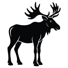 Fototapeta premium Black silhouette of a moose with large antlers on white deer animal