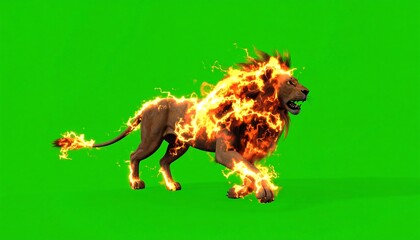 A digitally rendered lion engulfed in flames, against a vibrant green screen